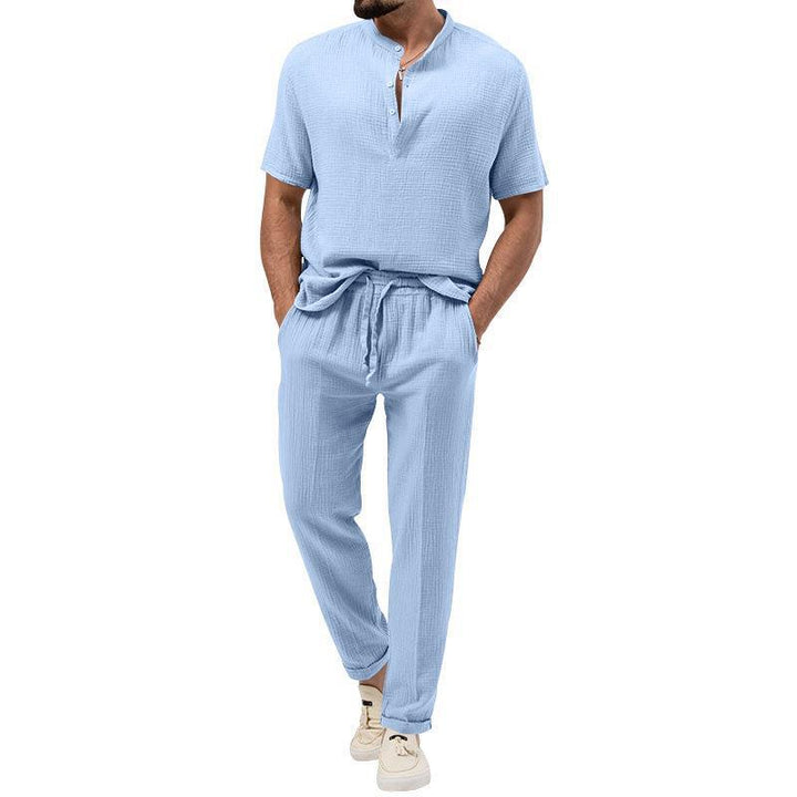 Men's short sleeve shirt fashion with Henley collar and casual jogger pants Lune London