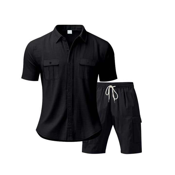 H men's casual short sleeve shirt and chic cargo shorts outfit