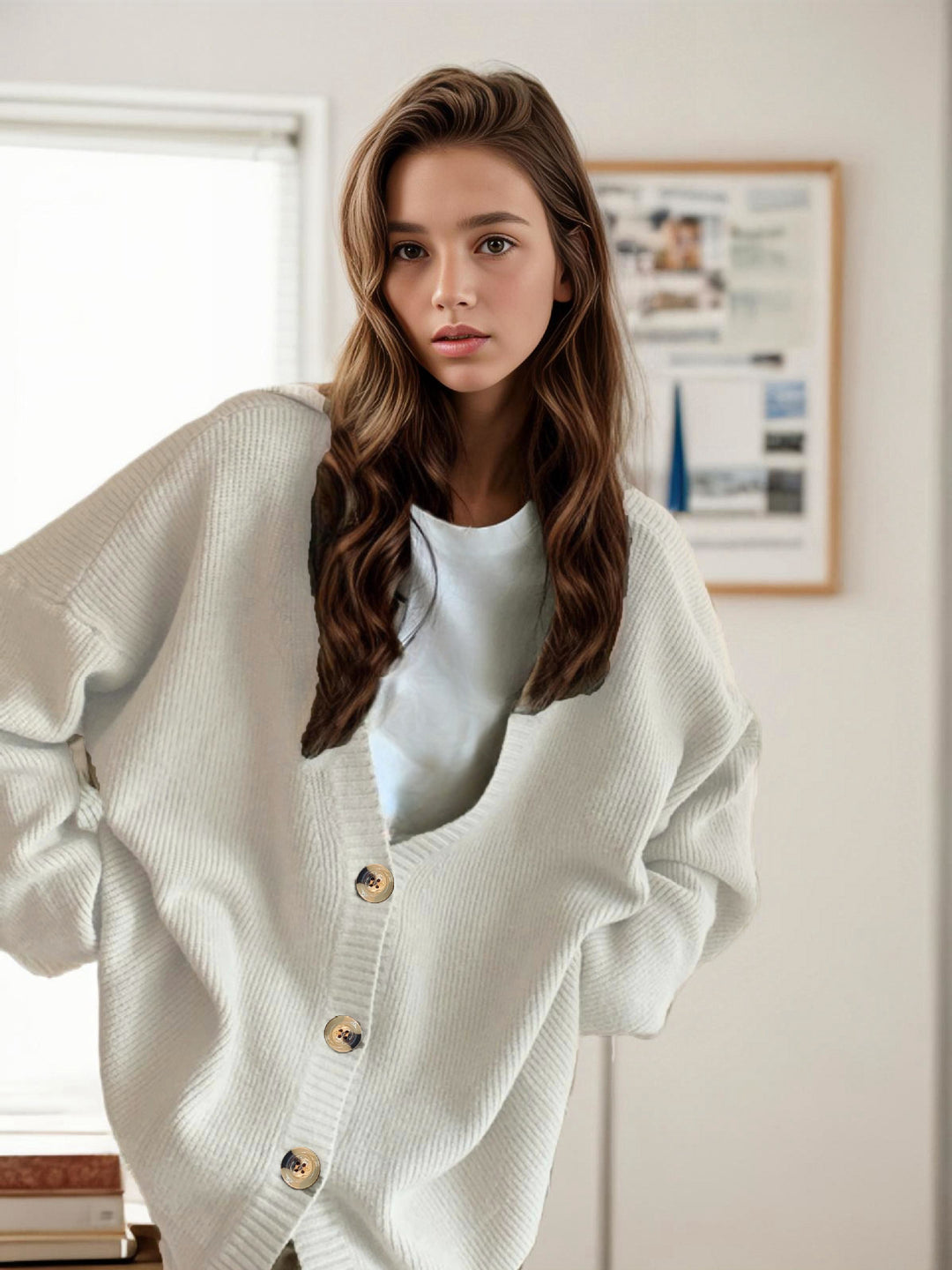 Ladies' oversized knit cardigan with deep V-neck and large buttons Lune London