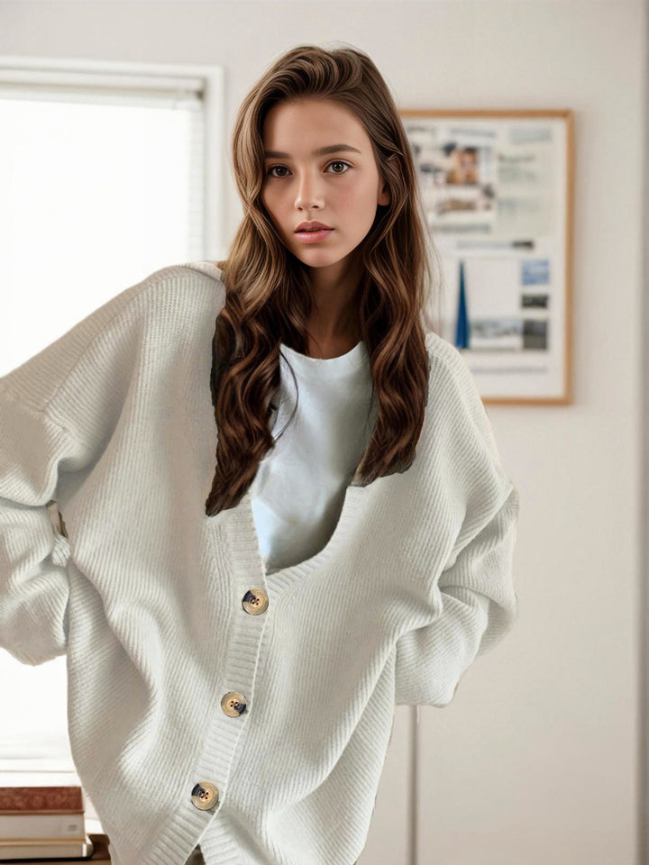 Ladies' oversized knit cardigan with deep V-neck and large buttons Lune London