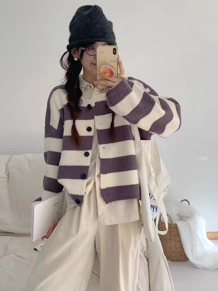 Women's knit jacket with snap button closure and bold stripes Lune London
