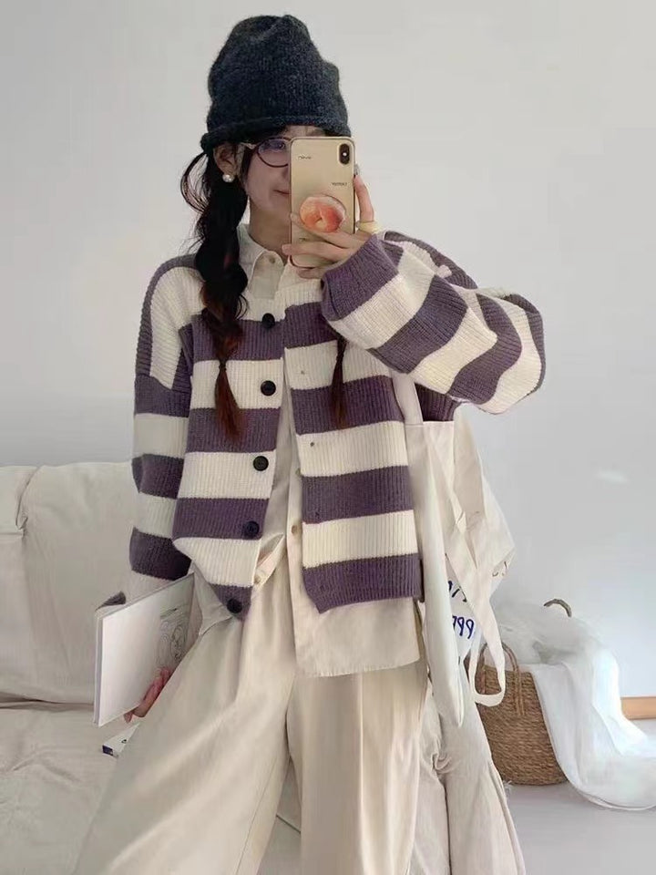 Women's knit jacket with snap button closure and bold stripes Lune London