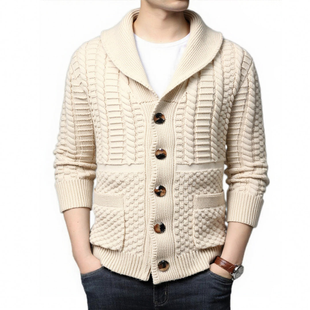 Fashionable men's knit jacket with deep V-neck and stylish braid design Lune London