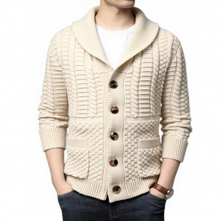 Fashionable men's knit jacket with deep V-neck and stylish braid design Lune London