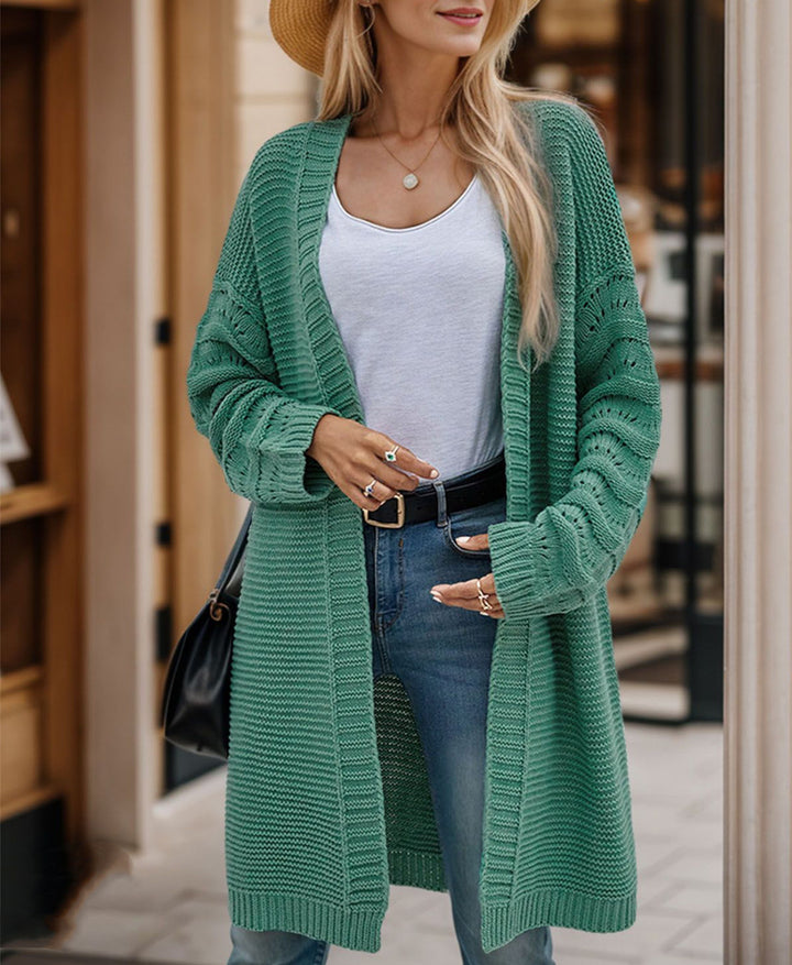 Ladies Long Knit Cardigan with an airy mesh structure and an open front Lune London