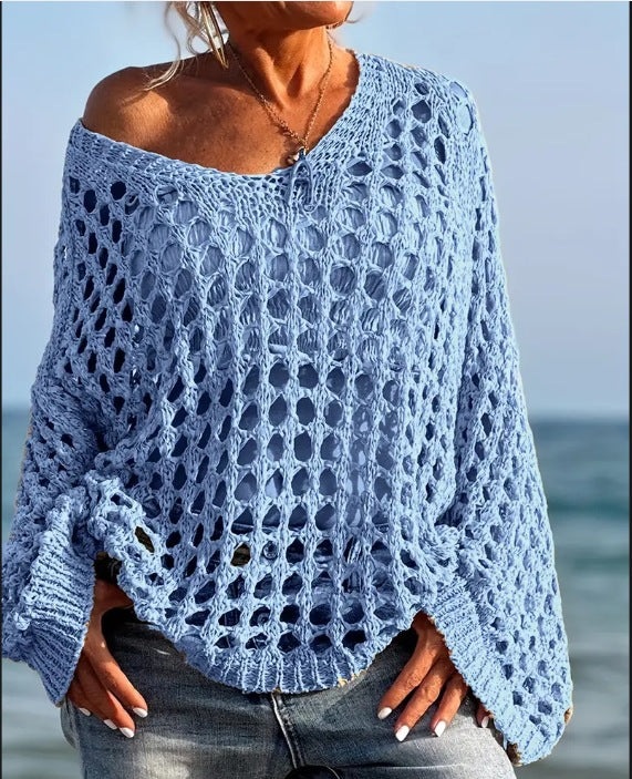 Knitted off-shoulder sweater for women with an airy structure in openwork stitches Lune London