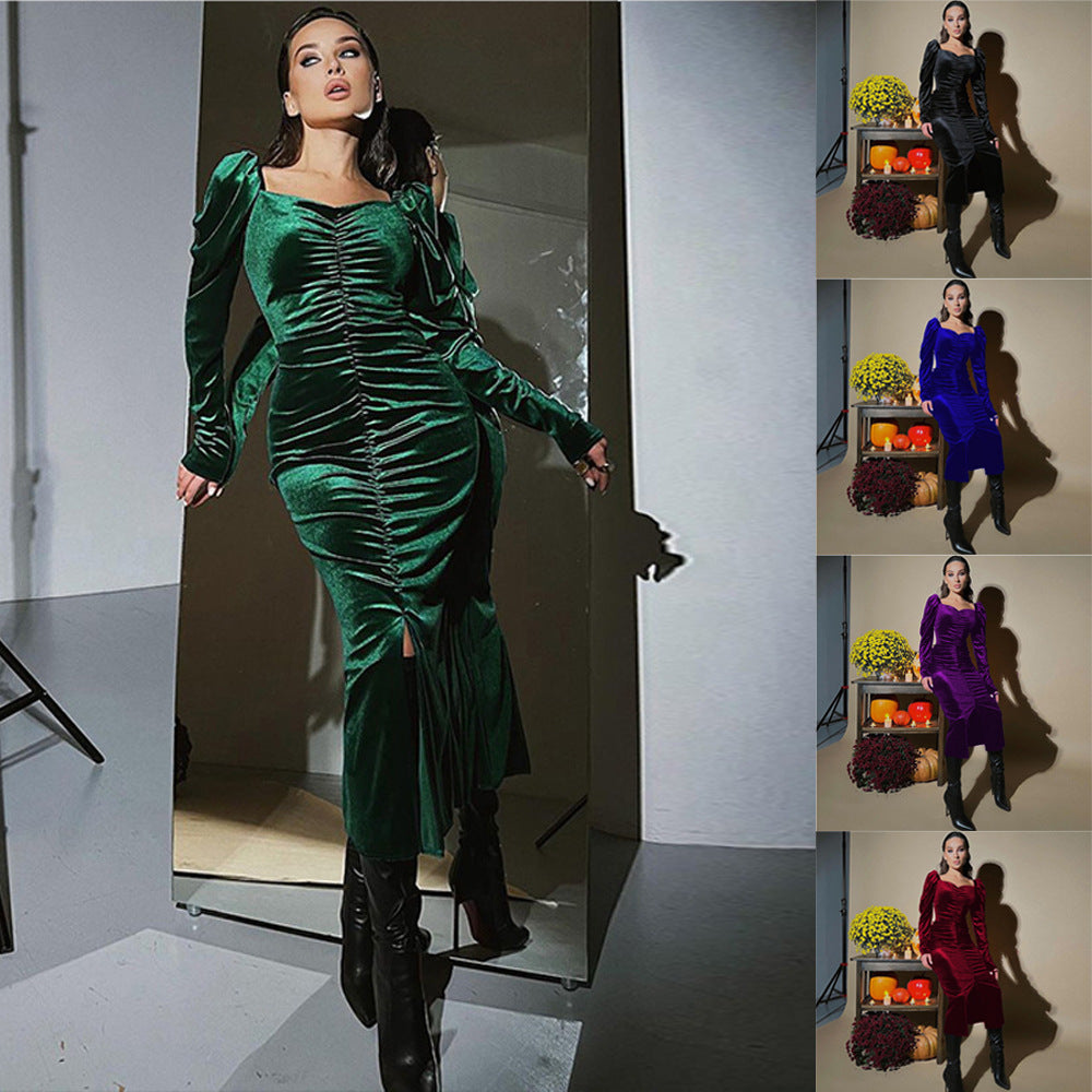 Ladies Elegant Long Sleeve Dress with Ruching and Pretty Square Neckline Lune London