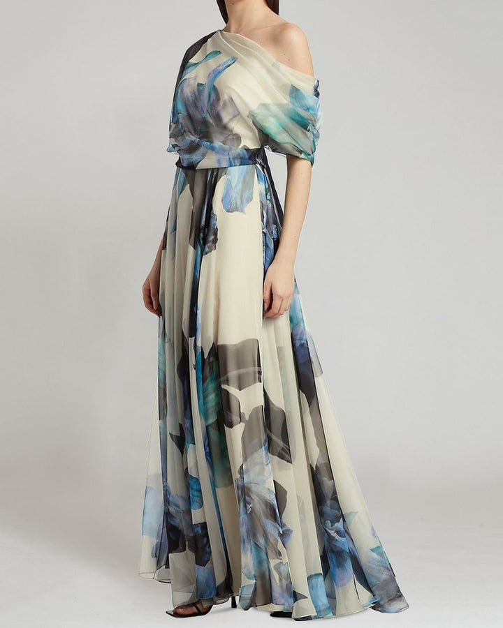 Women elegant chiffon dress with off-shoulder design and floral pattern Lune London