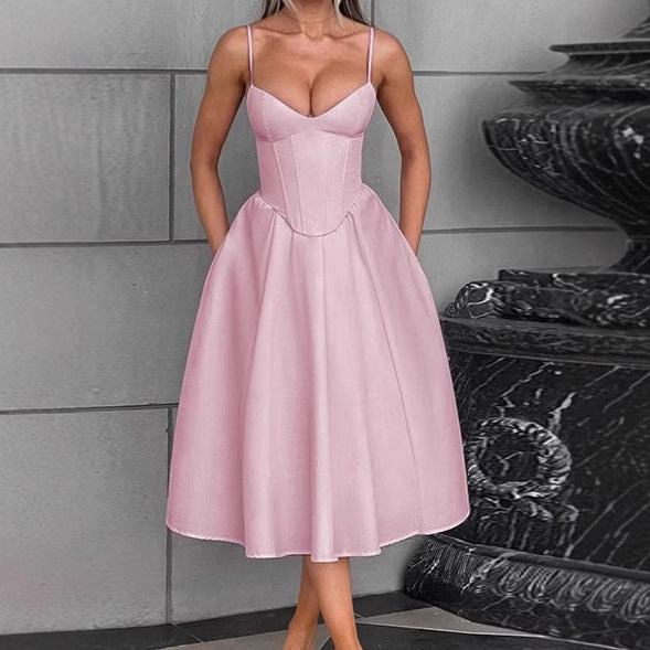 Women's Elegant A-Line Midi Dress with Spaghetti Straps and Soft Fabric Lune London