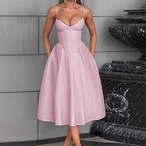 Women's Elegant A-Line Midi Dress with Spaghetti Straps and Soft Fabric Lune London