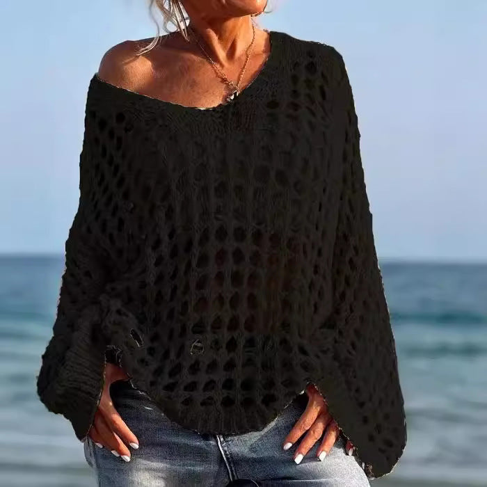 Knitted off-shoulder sweater for women with an airy structure in openwork stitches Lune London