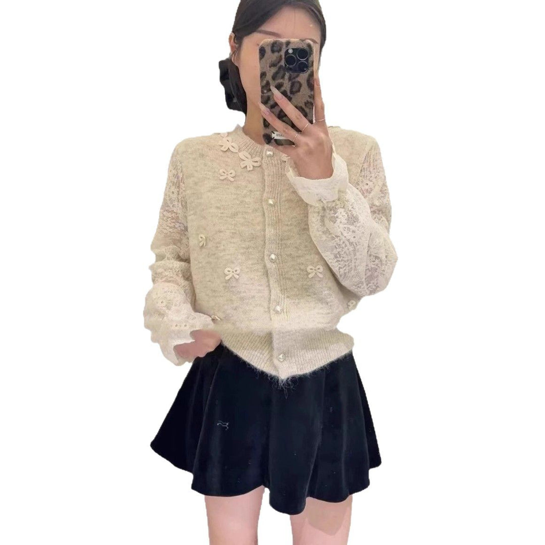 Women's knitted jacket with elegant lace details and a bow Lune London