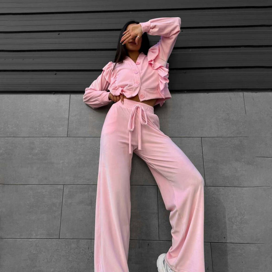 Ladies Comfortable Lounge Set with Chic Ruffle Details and Style