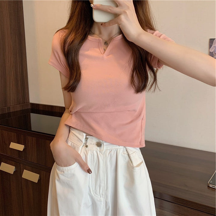 Women's Short Sleeve T-Shirt with Elegant V-Neck and Fashionable Detail