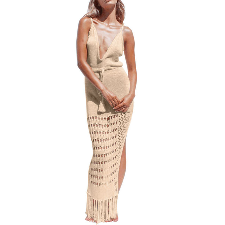Robe en tricot pour femmes avec décolleté en V profond et franges