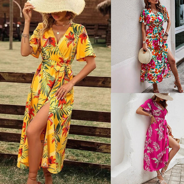 Maxi wrap dress for women with floral print and high slit Lune London