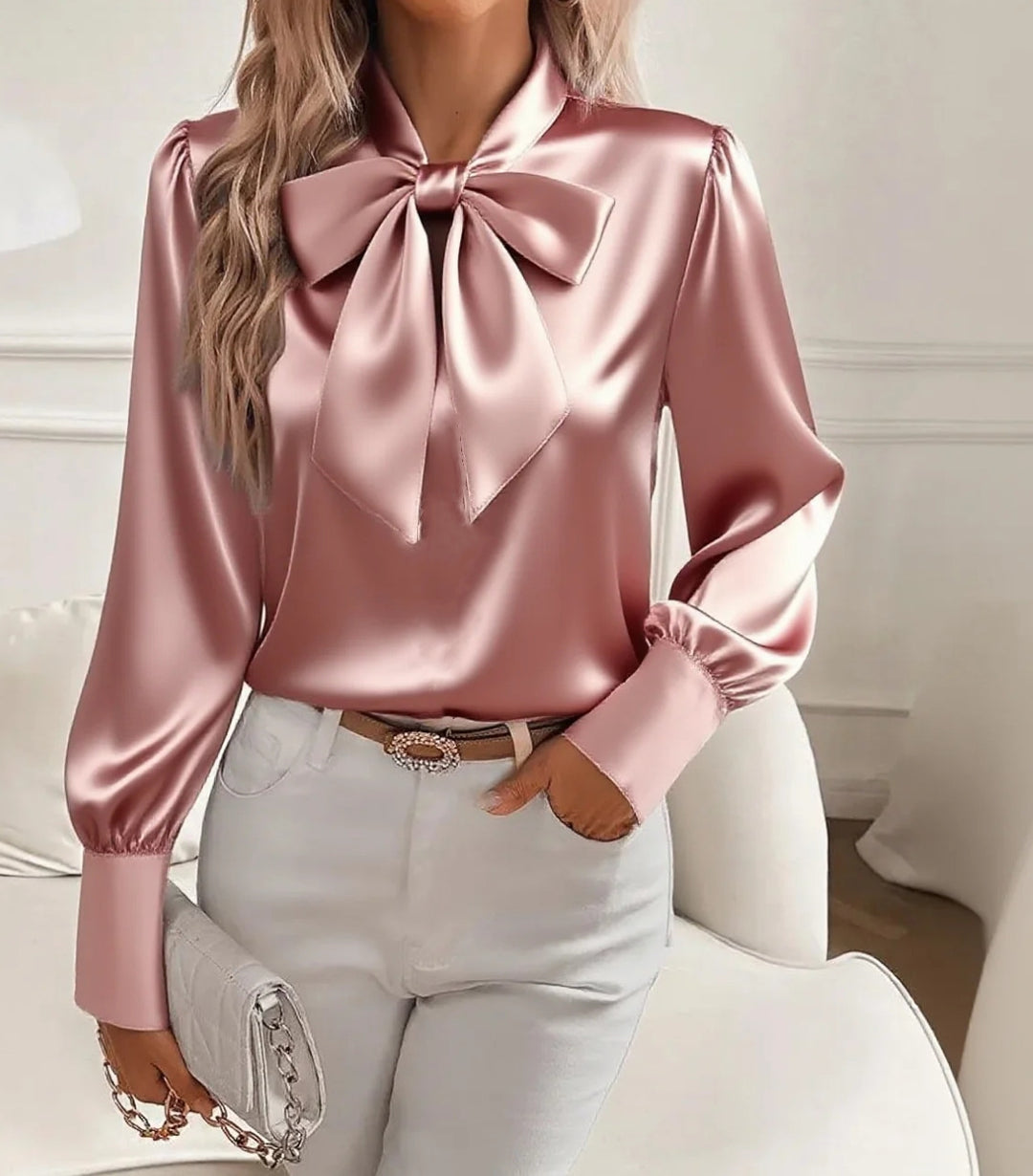 Women elegant satin blouse with bow collar and puff sleeves Lune London