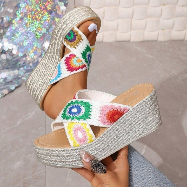 Ladies' platform sandals with a colorful floral pattern and a non-slip sole Lune London