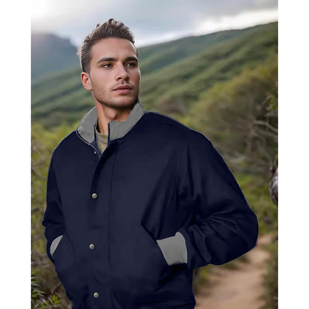 Transition jacket for men with high collar and practical pockets Lune London
