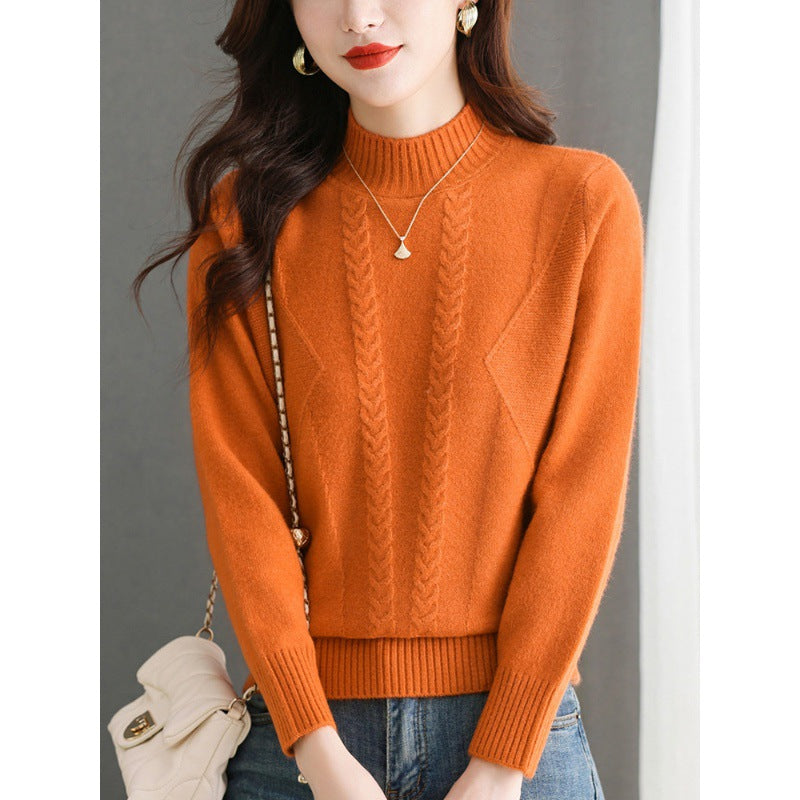 Pull femme en gros tricot avec un élégant motif torsadé et un col haut Lune London