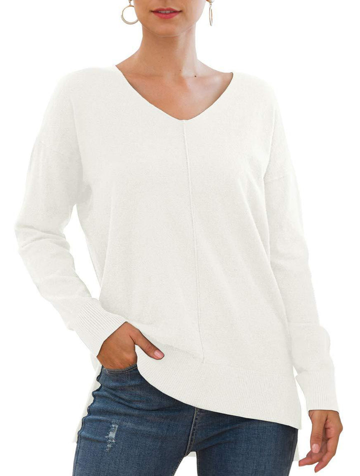 Elegant women's sweater with V-neck and asymmetrical hem Lune London