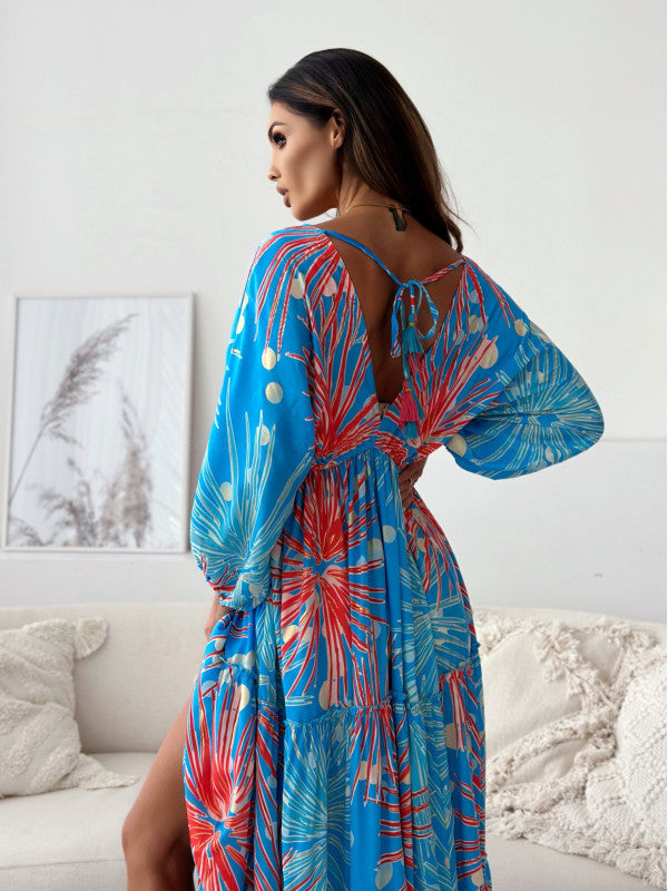 Maxi dress for women with an elegant back neckline and wide ruffled sleeves Lune London