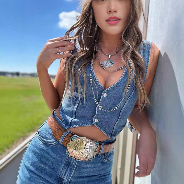 Women cropped-top vests paired with Lune London jeans