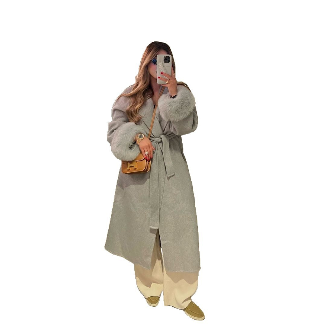 Ladies Elegant Long Coat with Removable Fur Sleeves Lune London
