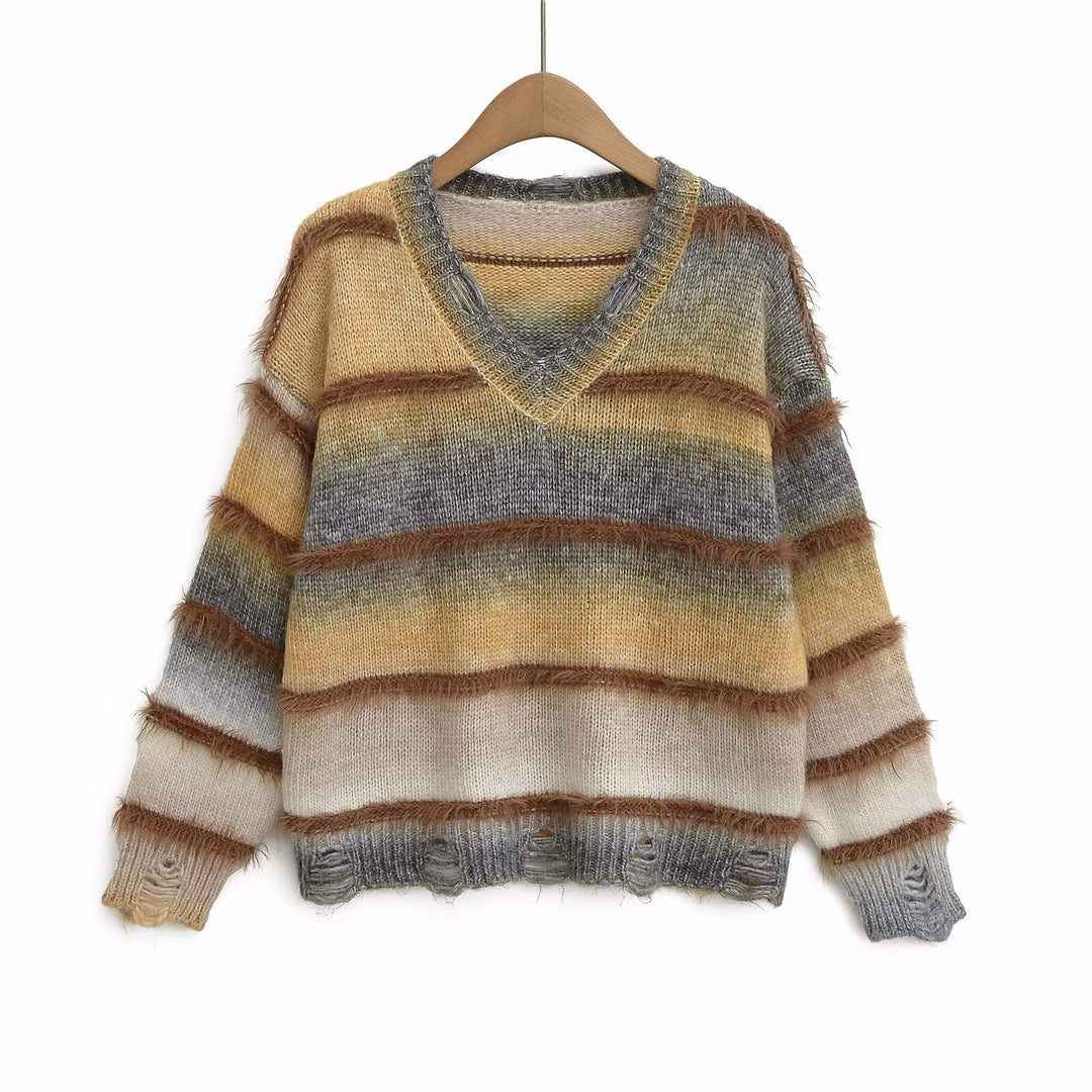 Casual women's sweater with V-neck and striped pattern Lune London
