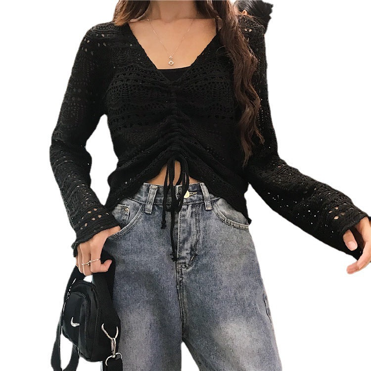Women knit top with trendy lace pattern and adjustable drawstring Lune London