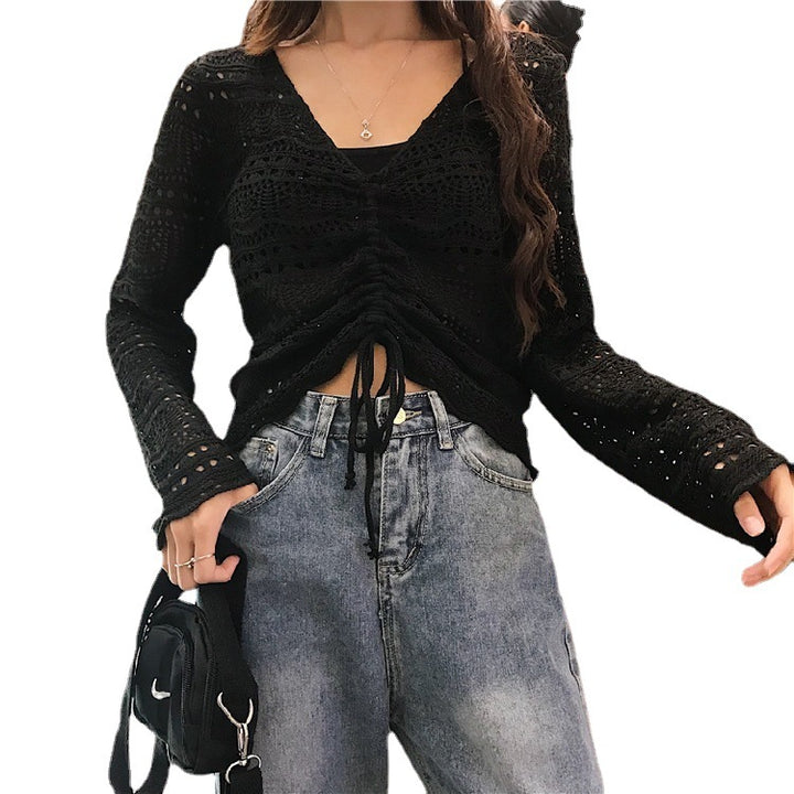 Women knit top with trendy lace pattern and adjustable drawstring Lune London