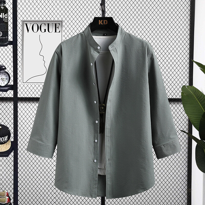Long sleeve shirt for men Nizza with modern stand-up collar and structured fabric Lune London