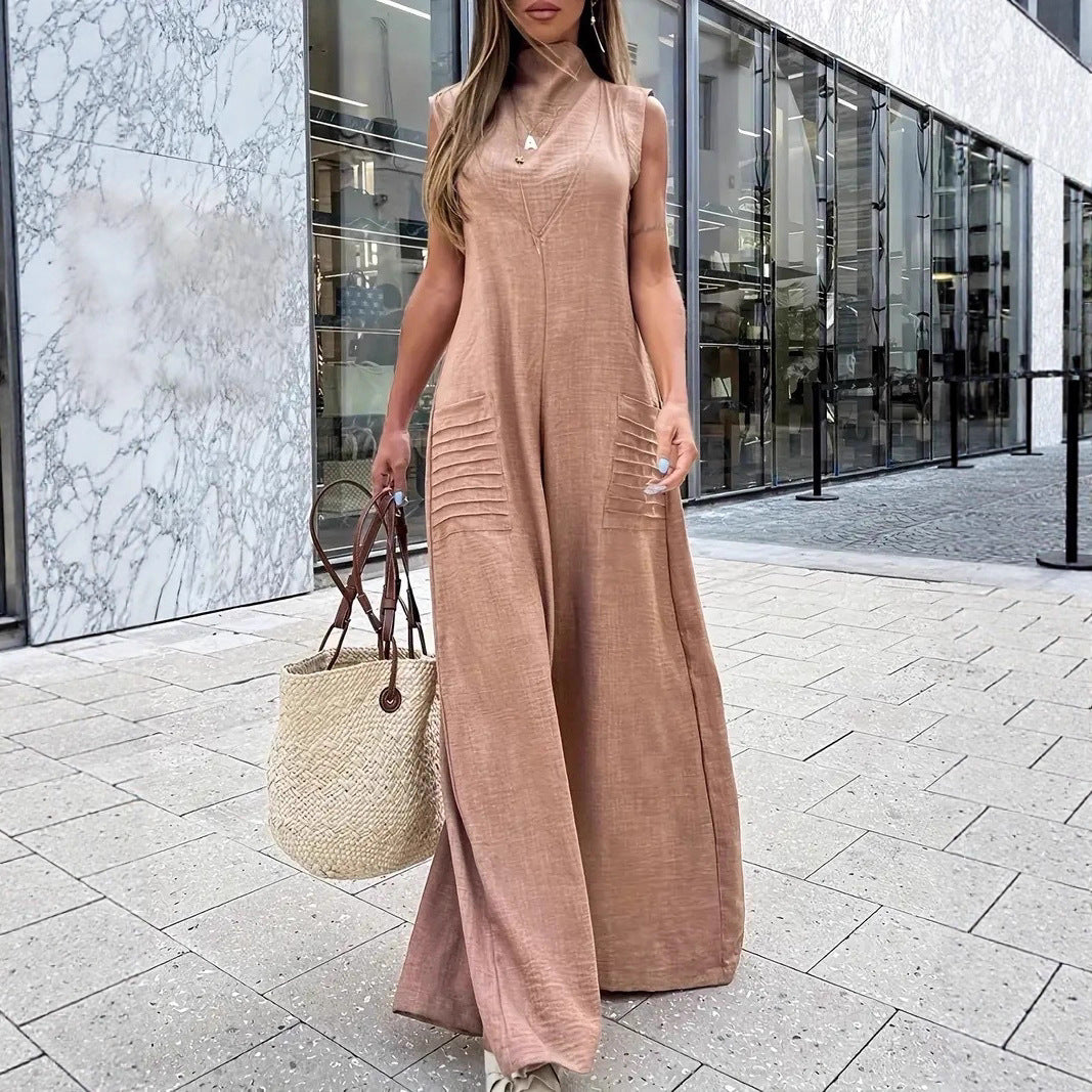 Lune London Women's Airy Maxi Jumpsuit with Decorative Pleats and Side Pockets
