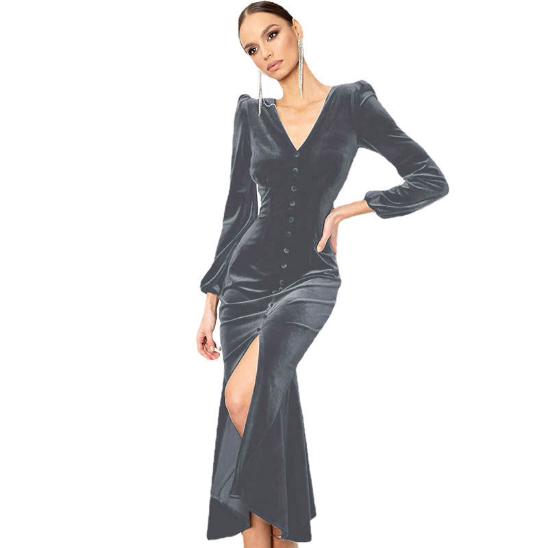 Maxi velvet dress for women with deep V-neckline and button details Lune London