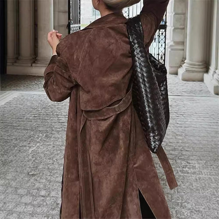 Long suede coat for women with adjustable belt and trendy collar Lune London