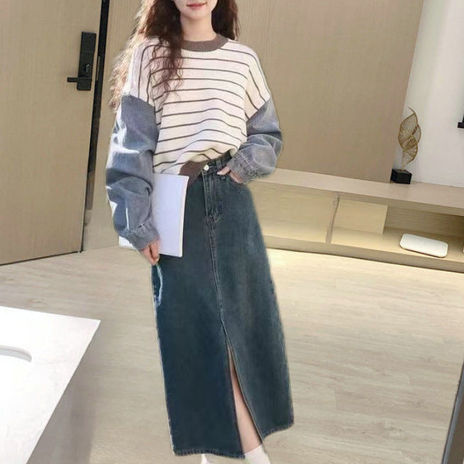 Pull à la mode pour femmes avec manches en denim Chic & Stil
