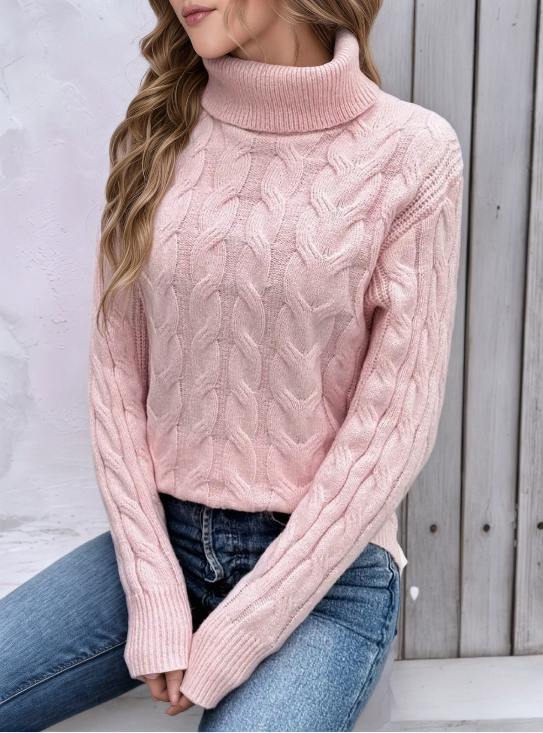 Knit sweater for women with high collar and cable pattern Lune London