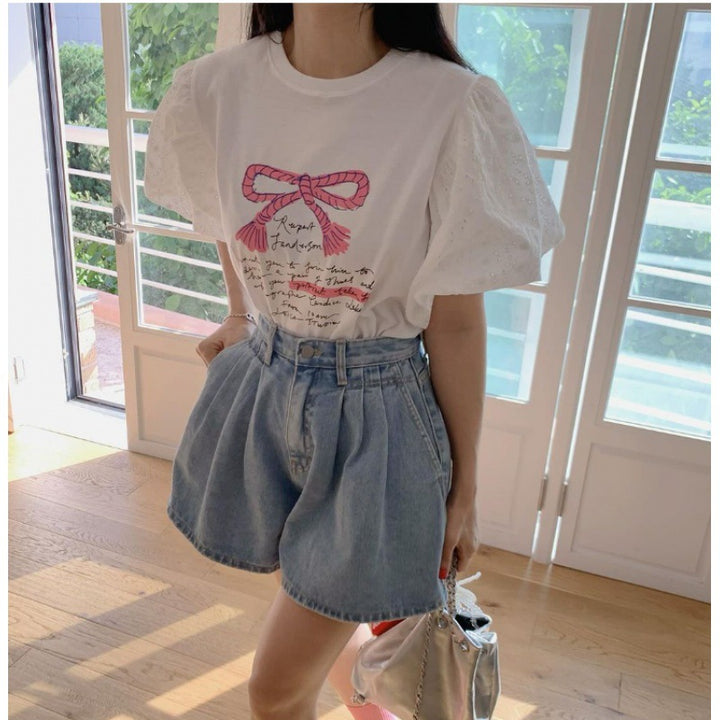 Lune London women's puff sleeve graphic tee set and high waisted denim shorts