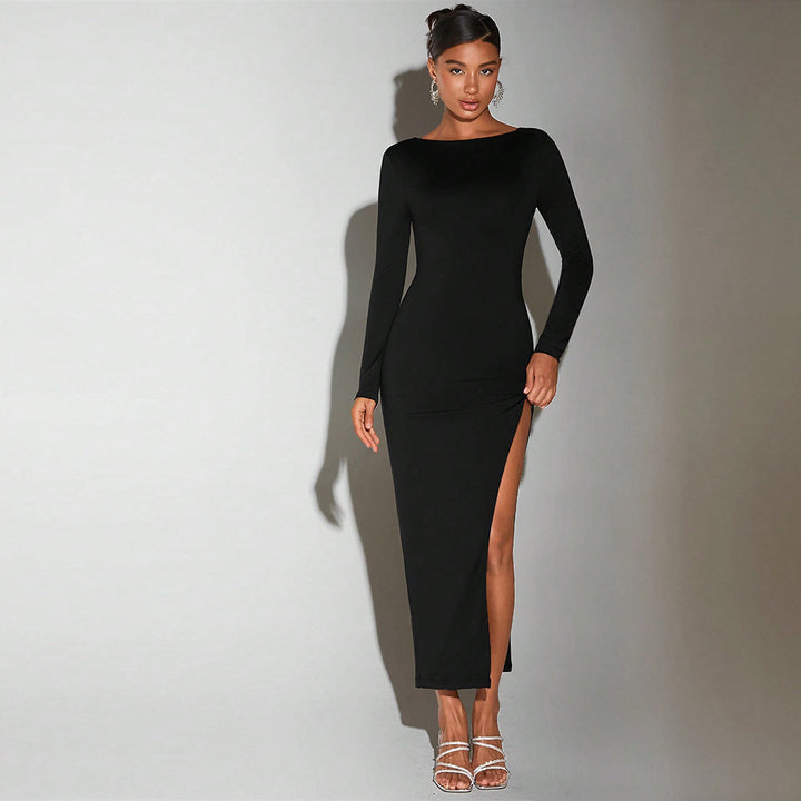Robe Longue Femme avec Inscription Éblouissante sur le Côté et Fente Haute Chic & Stil