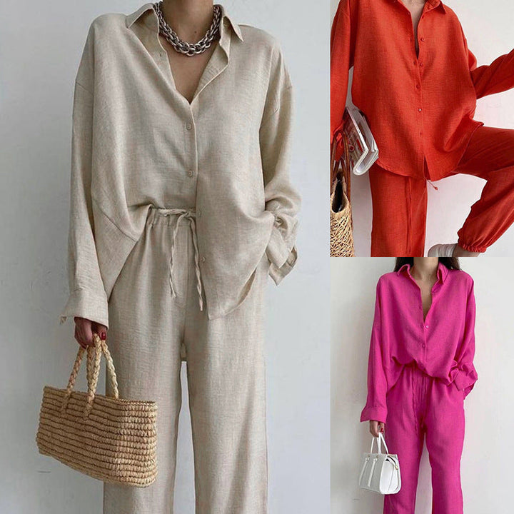 Women’S Casual Linen Ensemble with Elegant Shirt and Wide Pants Lune London
