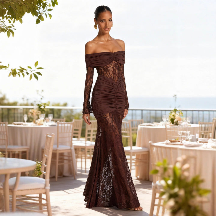 Elegant lace maxi dress for women with refined ruffle details and bare straps Chic & Stil