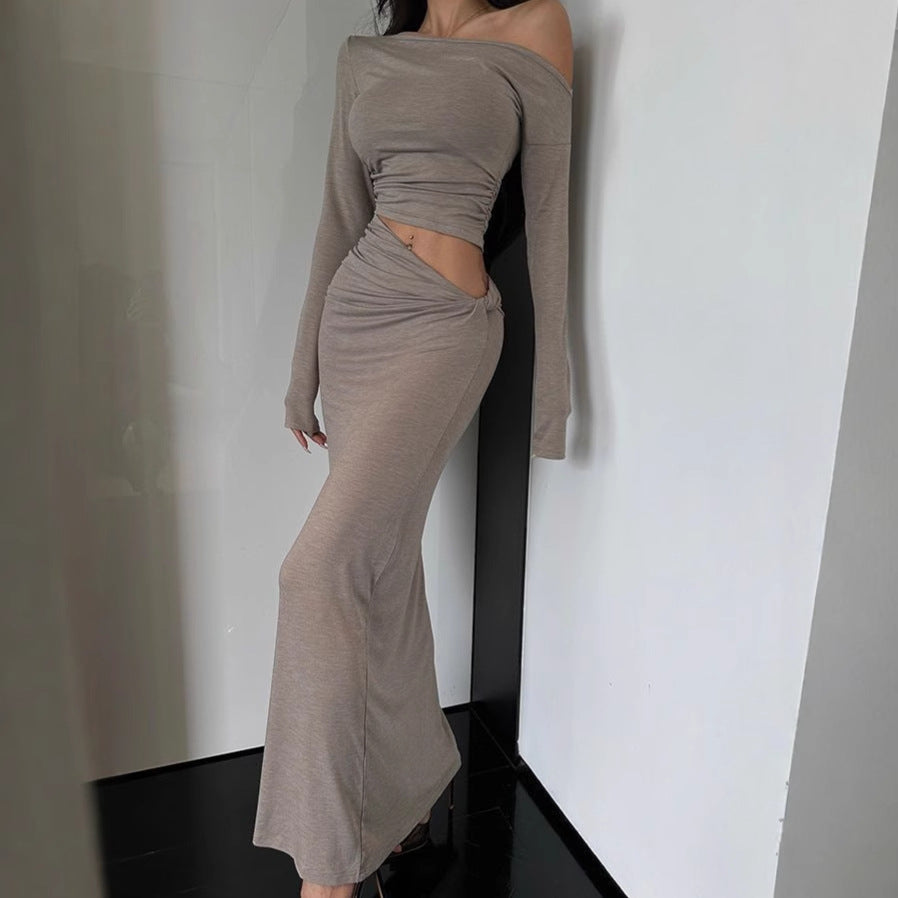 Long sleeve maxi dress for women with asymmetrical design and ruffled details Lune London
