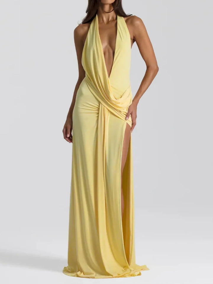 Ladies Elegant Evening Dress with Deep Neckline and Side Slit Lune London