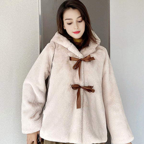 Ladies Cozy Faux Fur Jacket with Hood and Bow Details Lune London