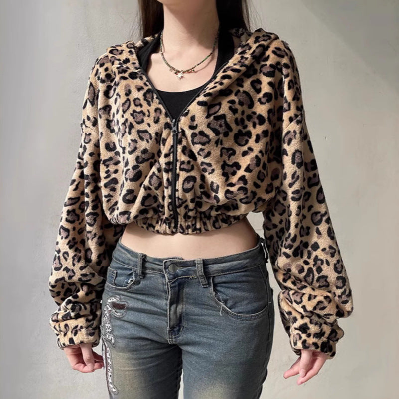 Women Short Hoodie with Leopard Print Lune London