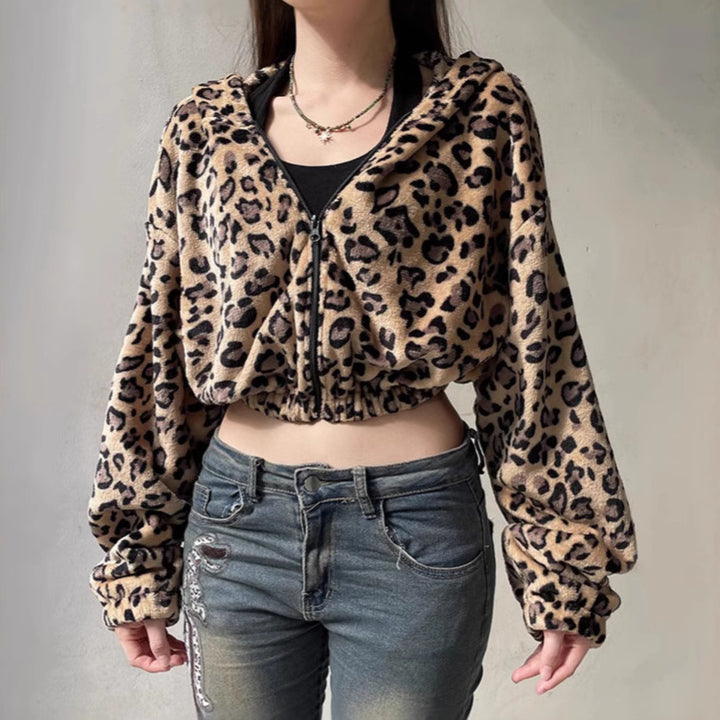 Women Short Hoodie with Leopard Print Lune London