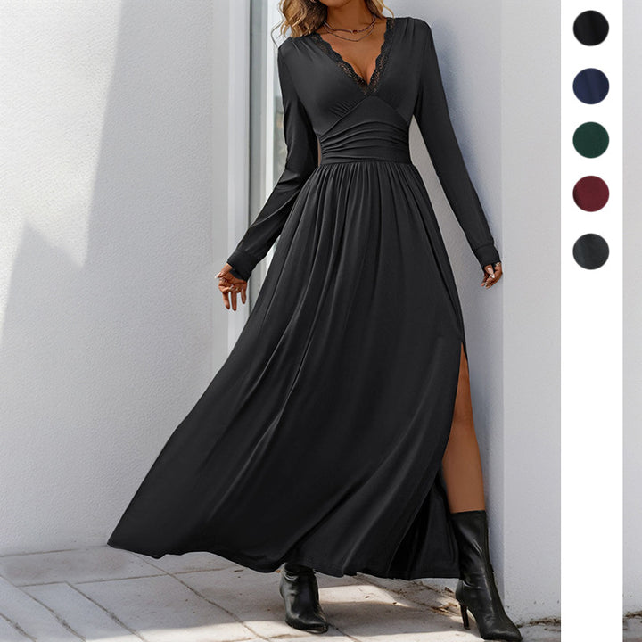 Elegant maxi dress for women with deep V-neck and decorative ruffle design Lune London