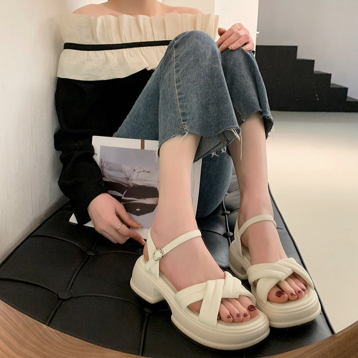 Women's sandals with an elegant cross strap and a chic block heel Lune London