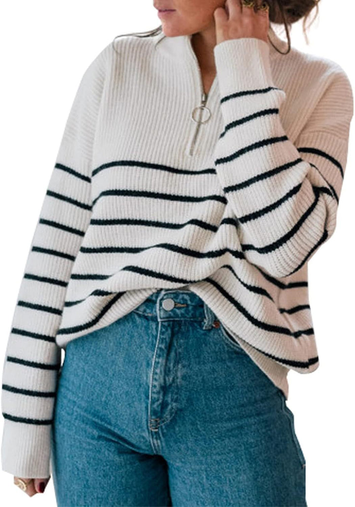 Casual sweater for women with short zipper and striped pattern Lune London