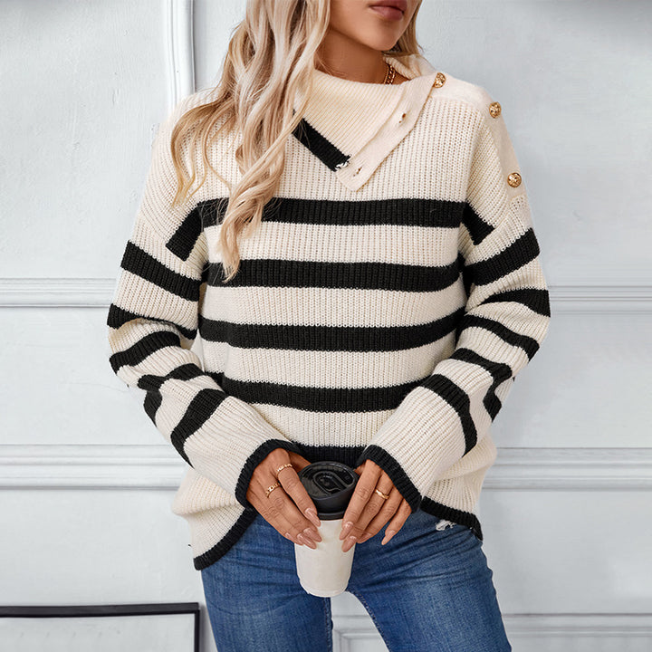 Women's turtleneck sweater with button details and striped design Lune London